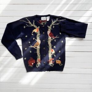 vtg Northern Treasures forest animal owl squirrel mouse wool cardigan sweater